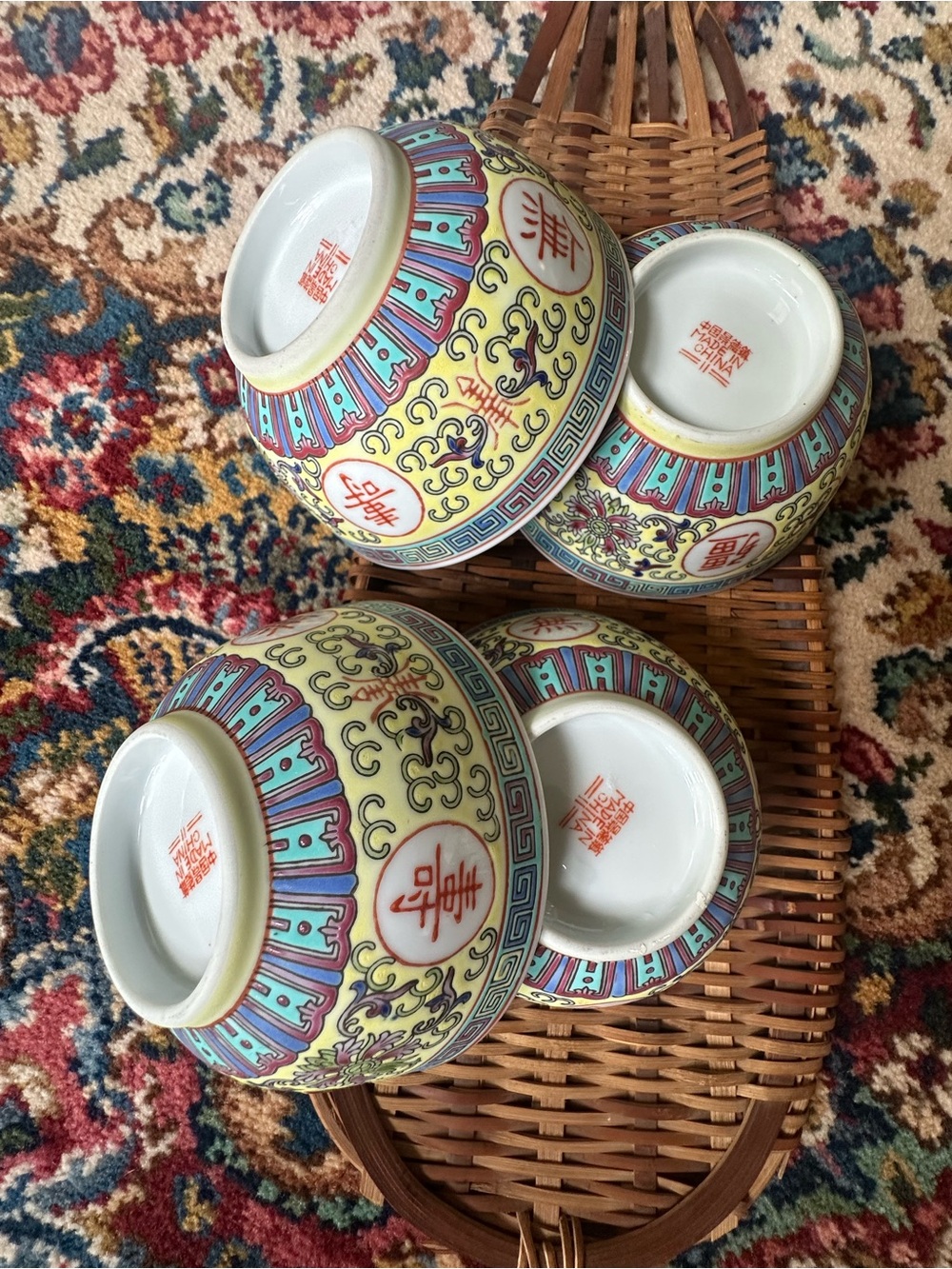 Vintage Set of 4 Mun Shou Longevity Famille Rose Porcelain Rice Bowls